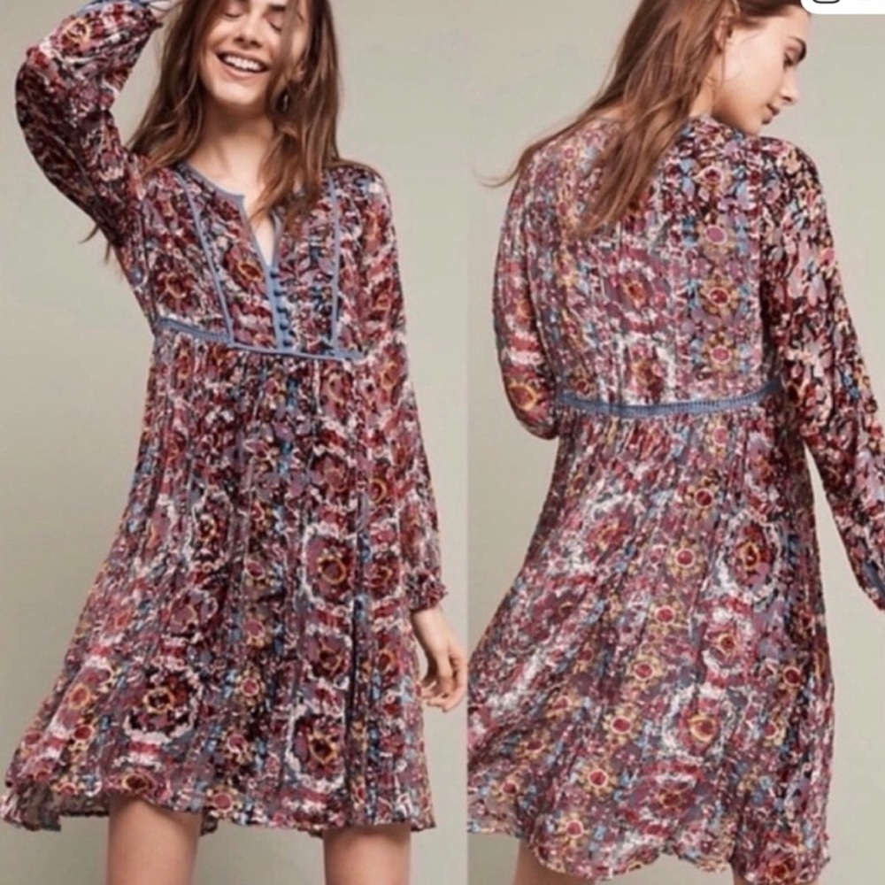 Floreat Abia Blue Velour Floral Boho Peasant Dress Size X Small